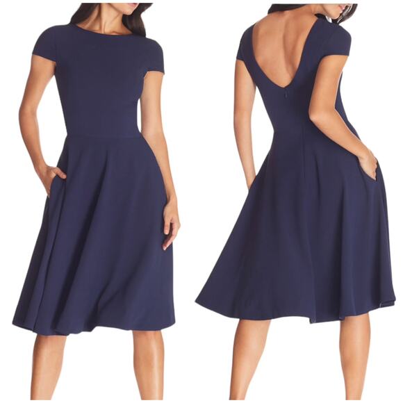 Dress The Population NWT Livia Fit & Flare Dress Midnight Blue Size XXL Pockets - Picture 1 of 12